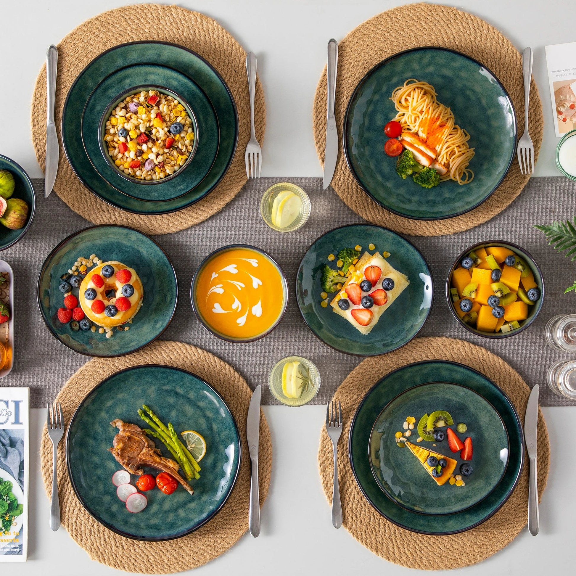 vancasso 12/24 Pcs Green Ceramic Plates Set Kiln Change Stoneware Dinner Set with 4PCS Dinner Plate/Dessert/Cereal Bowl for 4/8 Good Vibrations