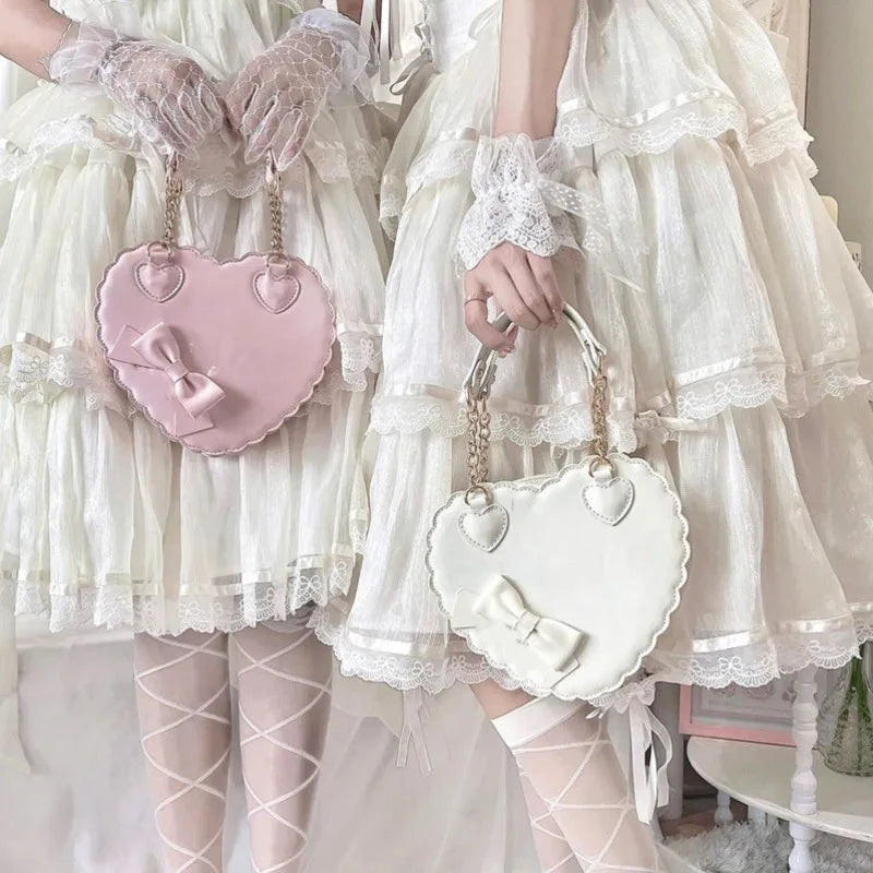 PU Heart Lolita Handbags Girls Bowknots Decor Japanese Shoulder Bags Two Sized Kawaii Shell Purses Cute Pink Messenger Bag Gifts Good Vibrations