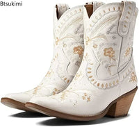 New 2025 Embroidered Western Boots For Women Ankle Bootie Cowboy Cowgirls Flower Print Fashion Chunke Heel Slip On Ankle Boots Good Vibrations