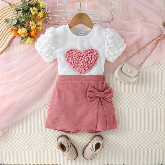Toddler Girl Summer Fashion Casual Clothes Top With Heart Puff Sleeve &Pink Short Pant With Bow Active Clothing Set For 1-6Y Good Vibrations