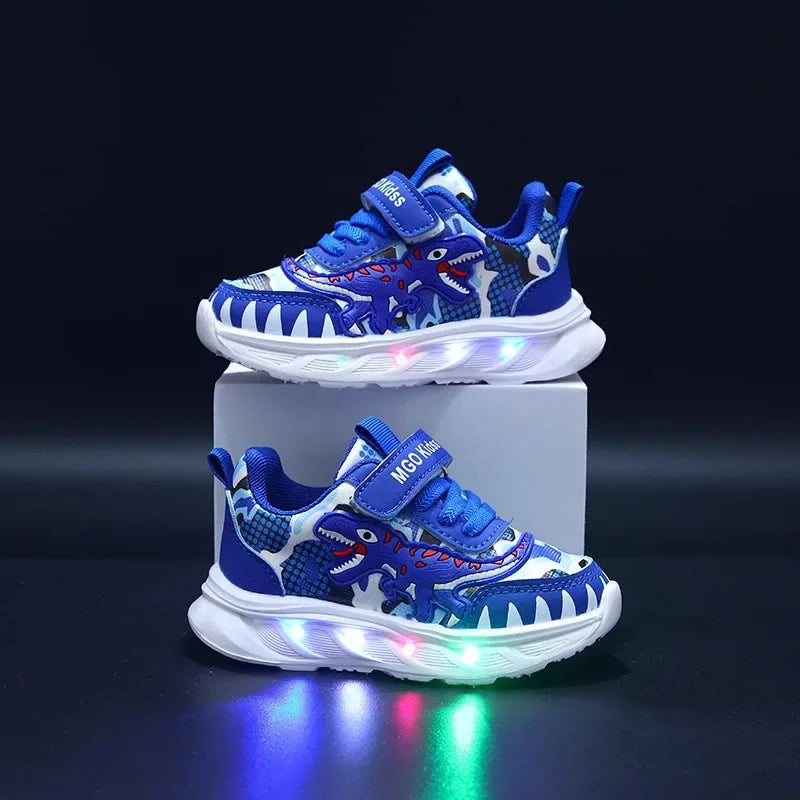 Spring New Children's Sports Shoes Cartoon Dinosaur Children's LED Light Shoes Soft Sole Boys' Causal Sneakers 2-6 Years Old Good Vibrations