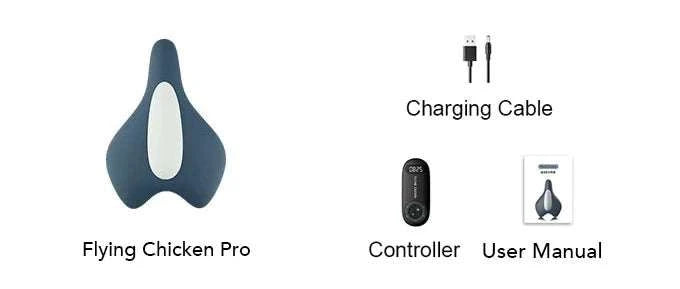 Bicycle seat look-alike massager with remote, charging cable, and user manual for men and women relaxation.