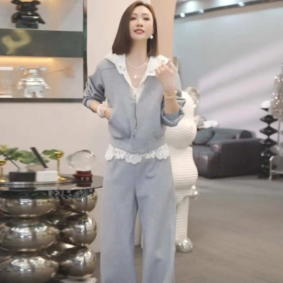 Women's Suit 2025 High-end Splicing Lace Hooded Sweater + Casual Pants Two-piece Set Good Vibrations