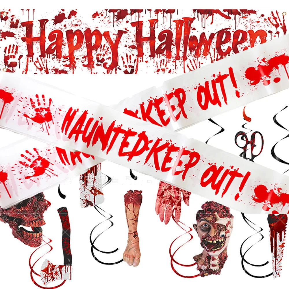 Halloween Theme Decor Horror Bloody Background Banner Warning tape Hanging Decor Spiral Swirl Happy Halloween Party Decor Good Vibrations