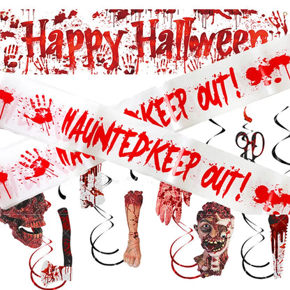 Halloween Theme Decor Horror Bloody Background Banner Warning tape Hanging Decor Spiral Swirl Happy Halloween Party Decor Good Vibrations