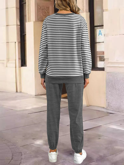 Women' Striped Long Sleeve Two-Piece Set Loose with Pockets Casual Sportswear Yoga Outfit for Outdoor Shopping Good Vibrations