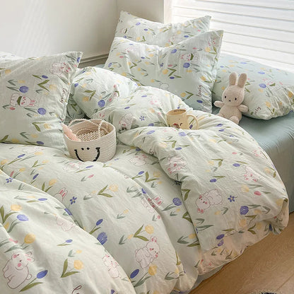 Ins Simple Flower Bed LinenTwin Full Queen King Size Bed Sheets Set  Adults Kids Floral Bed Comforter Sets Bed Duvets Kawaii Good Vibrations