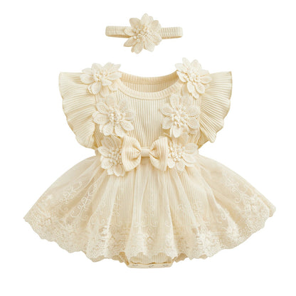 3D Flower Summer Baby Girls Romper Princess Mesh Newborn Clothes Lace Patchwork Ruffle Bodysuit Dress Headband Kids Clothing Good Vibrations