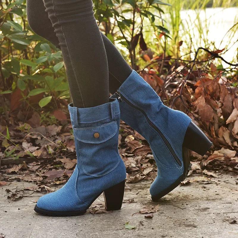 Cowboy Women's Boots 2024 Autumn and Winter New Pointed Denim Style Casual Temperament High Heels Single Shoes Zapatos De Mujer Good Vibrations