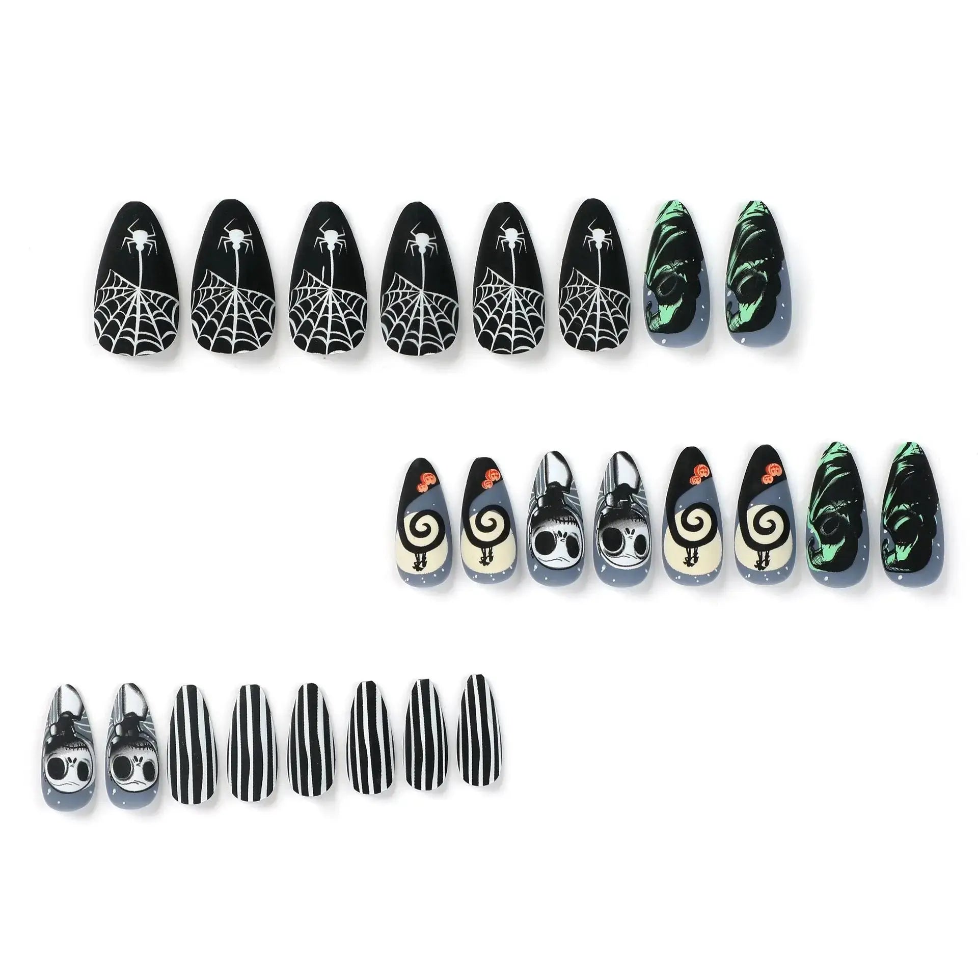 24PCS Matte Green Halloween Press-On Nails - Black/White Skulls & Spider Web Almond Medium Length Coverage Nail Art Kit Good Vibrations