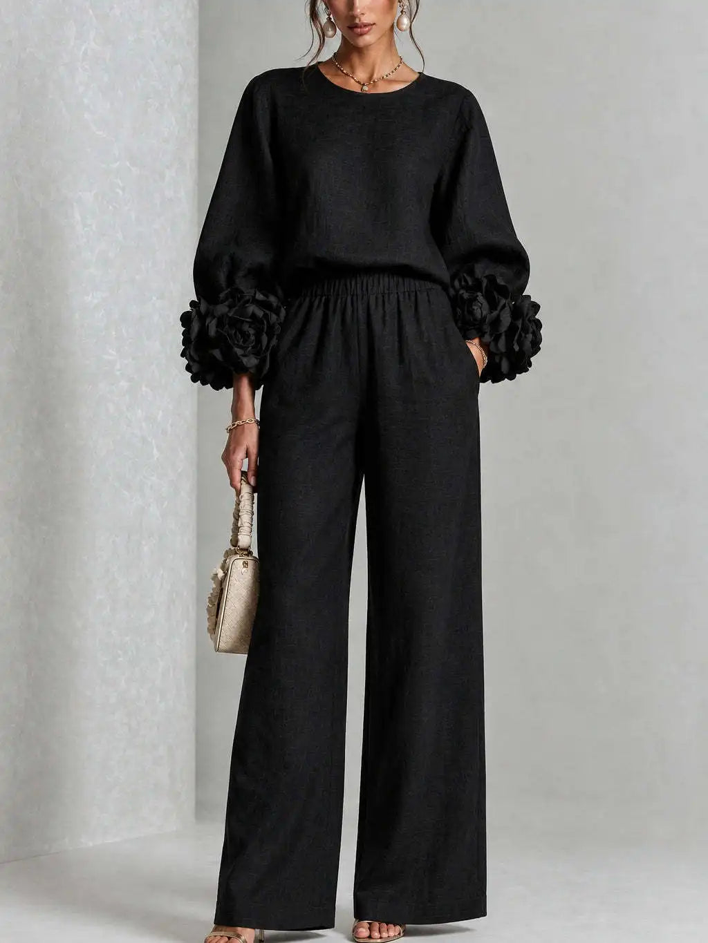 Women 2 Piece Outfit O Neck Puff Long Sleeve Top 3D Floral + Elastic Waist Wide Leg Pants Set Autumn Elegant Casual Office Suit Good Vibrations