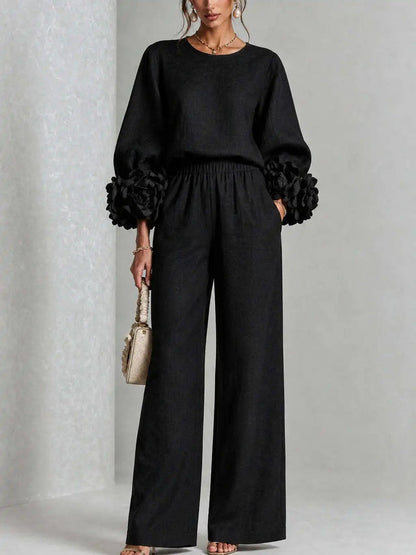 Women 2 Piece Outfit O Neck Puff Long Sleeve Top 3D Floral + Elastic Waist Wide Leg Pants Set Autumn Elegant Casual Office Suit Good Vibrations
