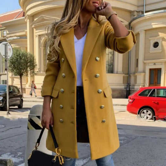Women Wool Coat Autumn Winter Long Sleeve Pure Color Turn-Down Collar Double-breasted Women Overcoat Women Greatcoat Outerwear Good Vibrations