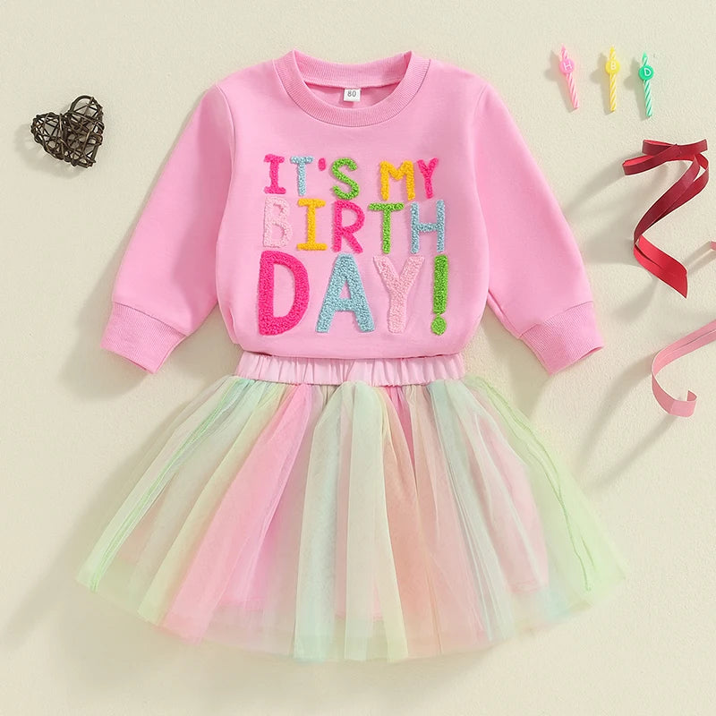 Toddler Birthday Clothes Baby Girl Tutu Skirt Outfit Letter Print Sweathsirt Rainbow Tulle Skirt Fall Winter Sets Good Vibrations