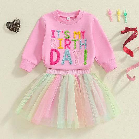 Toddler Birthday Clothes Baby Girl Tutu Skirt Outfit Letter Print Sweathsirt Rainbow Tulle Skirt Fall Winter Sets Good Vibrations