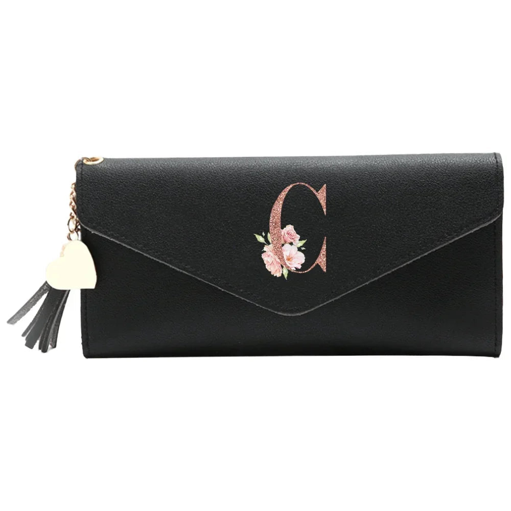 Wallet Black Small Leather Coin Purse Rfid Blocking Wallet Rose Gold Pattern Mini Purse with ID Window for Women Good Vibrations