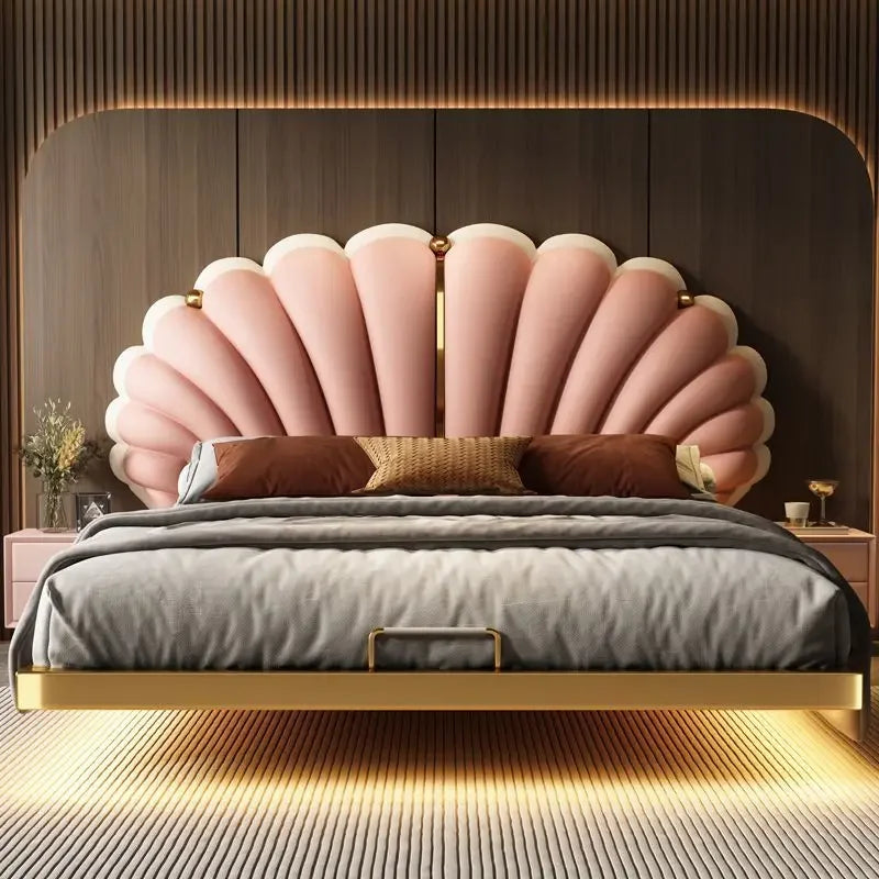 Luxury Beds 2 People Frame Floating Light Luxury Leather LED Lamp Double Bed Pink And Blue Queen Bed Frames Bedroom Furniture Good Vibrations