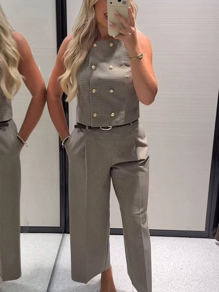 Women's Pant Two Piece Outfit Sleeveless O Neck Vest Blazer High Waist Wide Leg Belt Pants Elegant Office Lady Autumn New Suit Good Vibrations