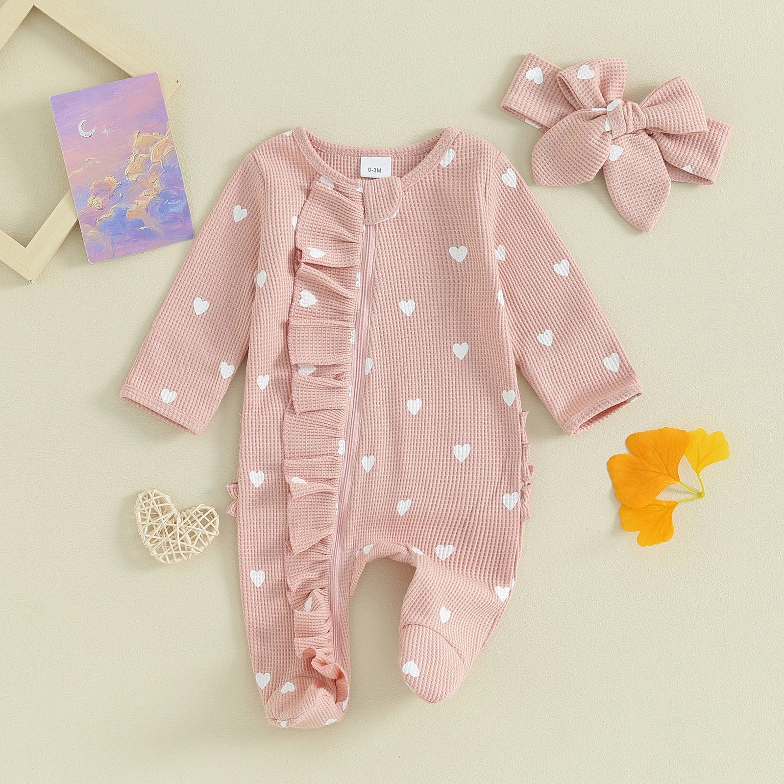 Pudcoco Baby Girls Valentines Day Foot Cover Jumpsuit Long Sleeve Crew Neck Heart Print Ruffle Zipper Footies with Headband 0-6M Good Vibrations
