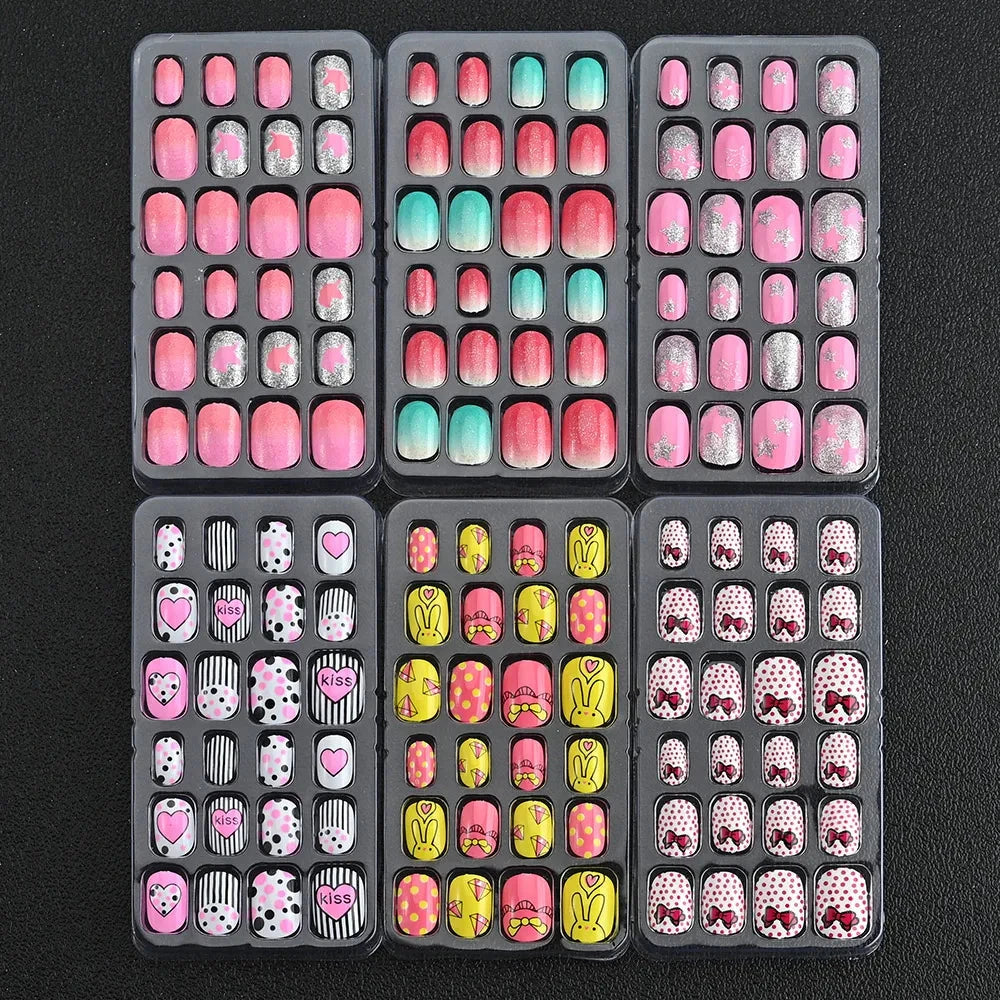24 Pcs/box Children Cartoon Nail Tips Colorful Artificial Fake Nails for Cute Kids Girls Full Cover Short False Nail Art Kits* Good Vibrations