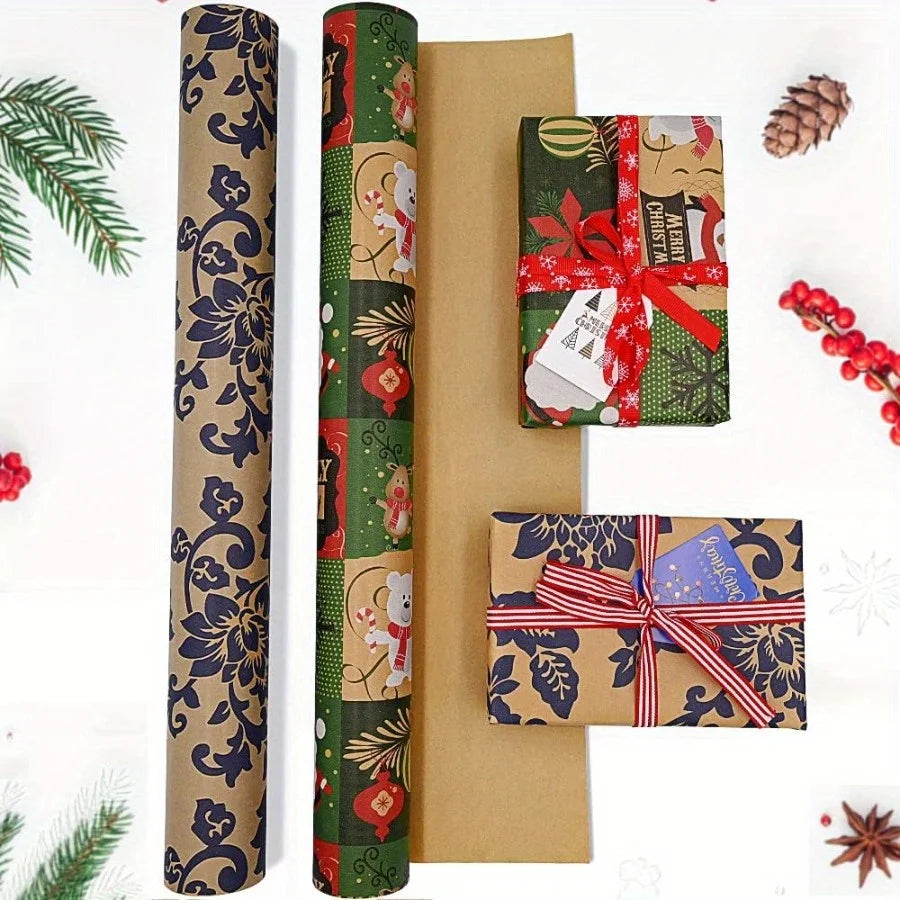 Christmas Wrapping Paper Roll - Festive Kraft Paper with Snowflake, Tree, and Ornament Patterns, Ideal for Holiday Gift Wrapping Good Vibrations