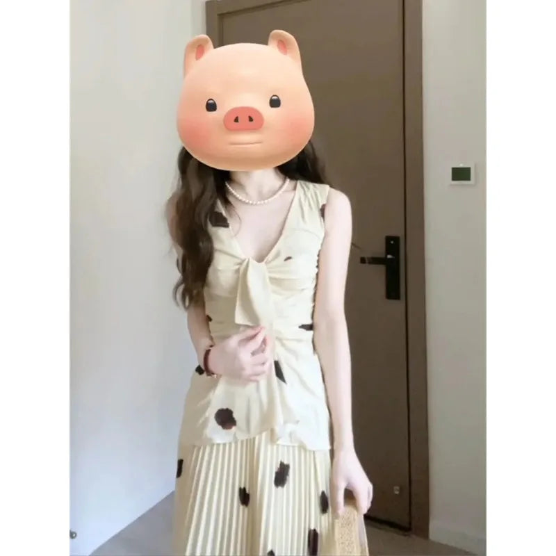 Women Two Piece Outfit V Neck Bow Sleeveless Top Printed Pleated Long Maxi Skirt Set Good Vibrations
