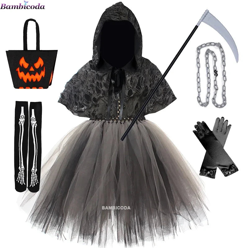 Halloween Grim Dresses Horror Death Cosplay Black Cloak Costume kids Girls Party Clothes Halloween Dress Demon Ghosts Costume Good Vibrations