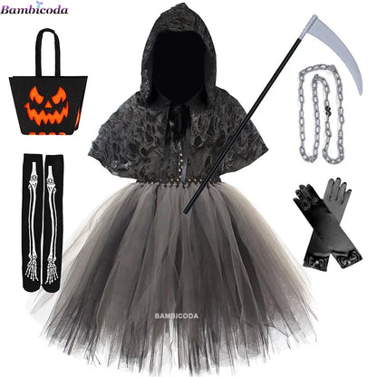 Halloween Grim Dresses Horror Death Cosplay Black Cloak Costume kids Girls Party Clothes Halloween Dress Demon Ghosts Costume Good Vibrations