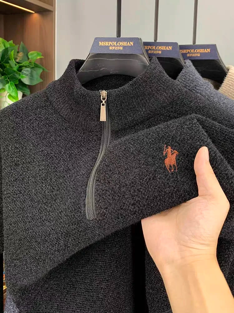 High quality men's zipper knitted sweater winter new fashion luxury brand pony embroidery design plush warm casual Sweatshirt Good Vibrations