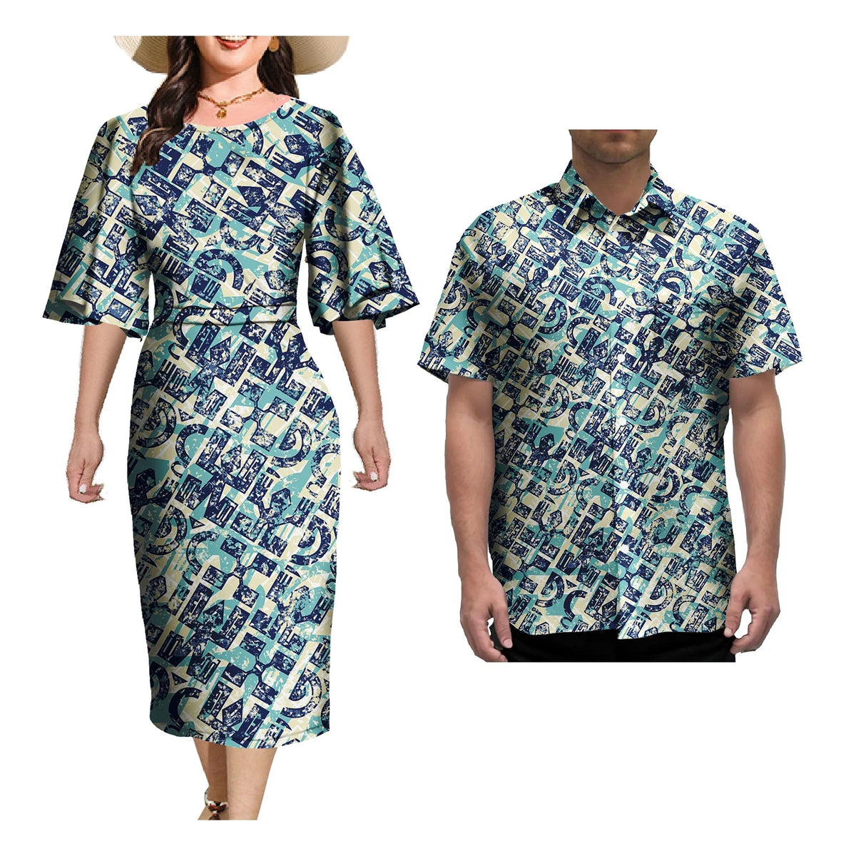 Couple Outfit Sets Elegant Dresses Women Sexy Skirt Samoa Tattoo Printed Polynesian Casual Dress Matching Men Shirts Good Vibrations