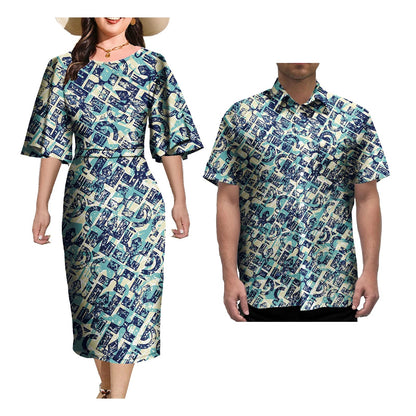 Couple Outfit Sets Elegant Dresses Women Sexy Skirt Samoa Tattoo Printed Polynesian Casual Dress Matching Men Shirts Good Vibrations