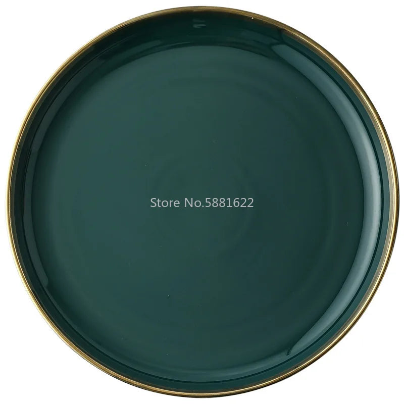 Green Ceramic Gold Inlay Plate Steak Food Plate Nordic Style Tableware Bowl Ins Dinner Dish High End Porcelain Dinnerware Set Good Vibrations