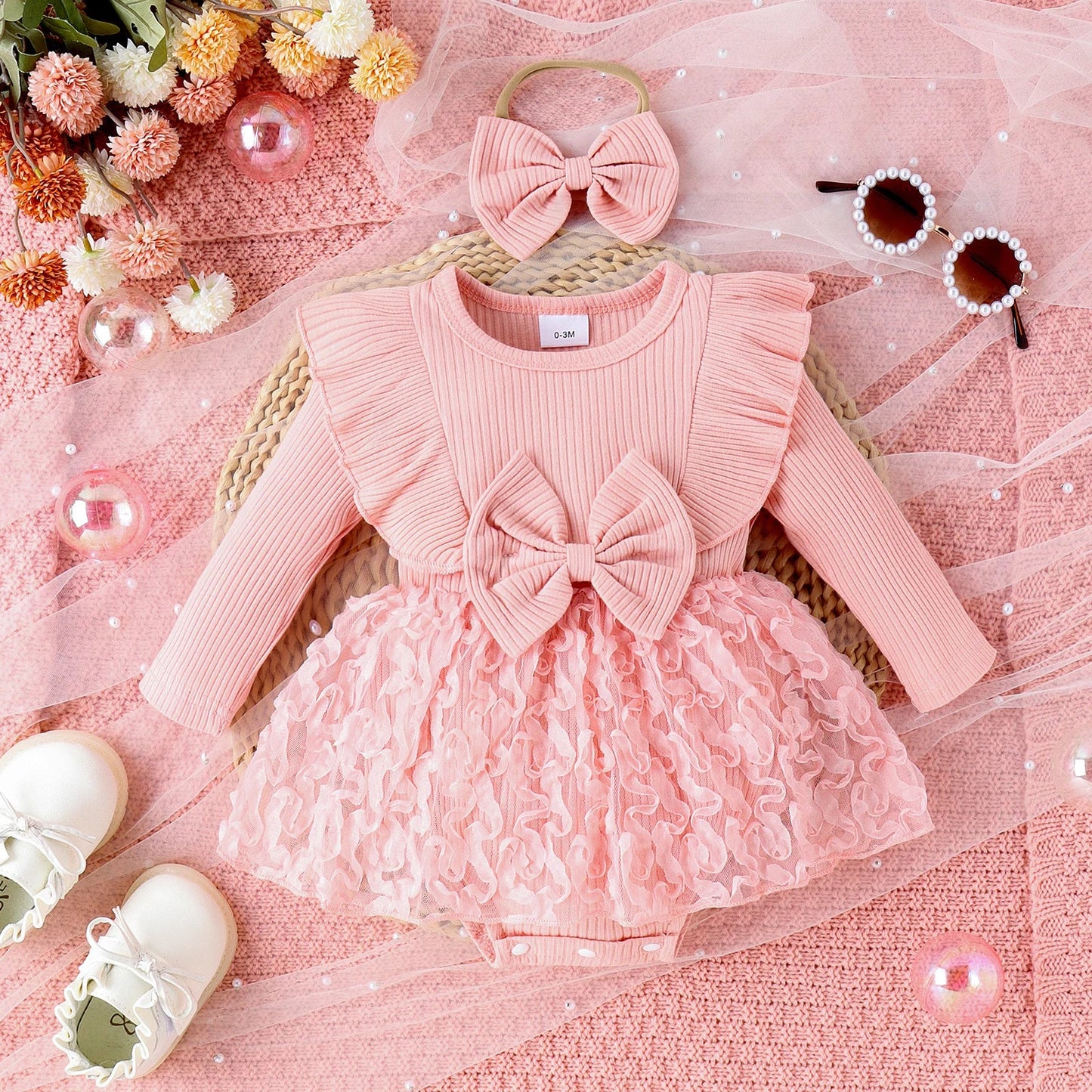 2PCS Autumn 0-1 Year Old Girl Baby Sweet And Cute Round Collar, Pit Strip, Flower Skirt, Long-Sleeved Suit + Bow Hair Band Good Vibrations