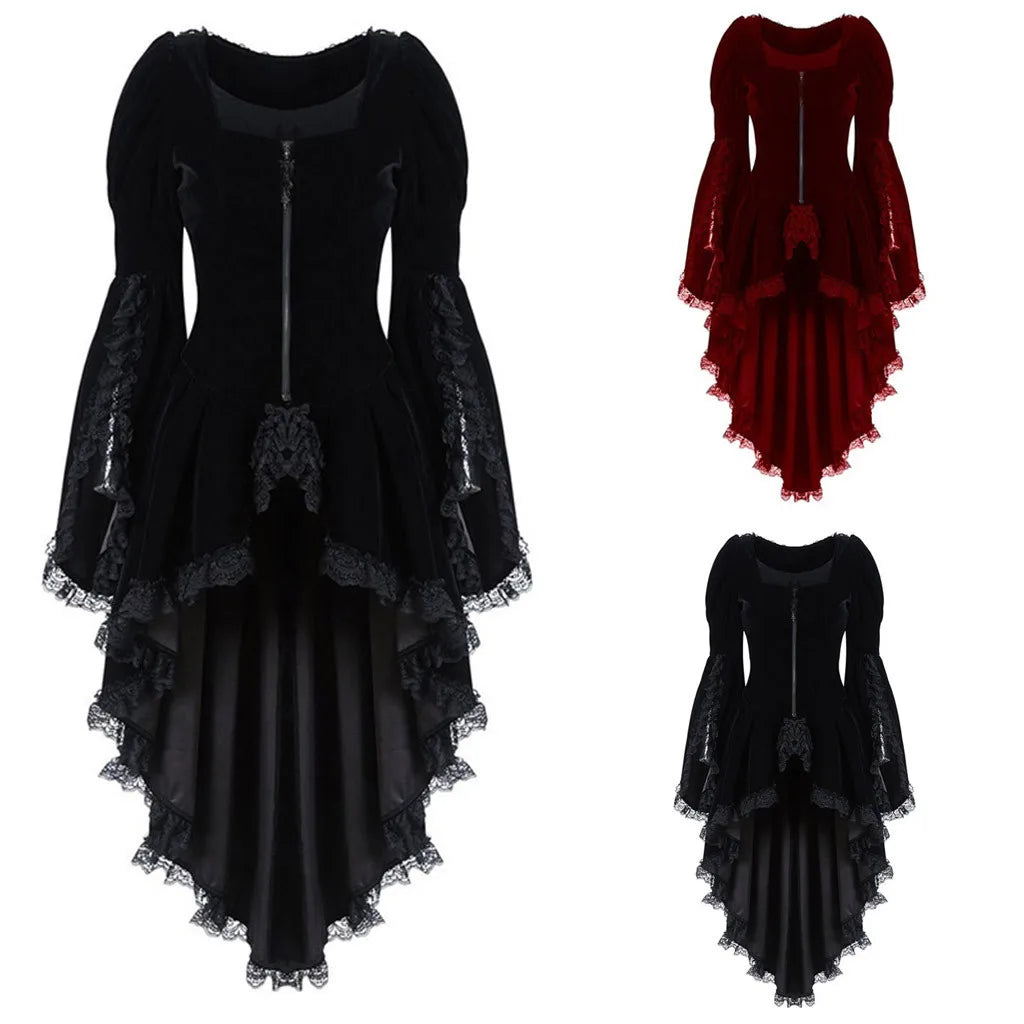 Medieval Women Gothic Dress Long-Sleeved Vintage Stitching Back Lace Waisted Halloween Party Long Dresses Cosplay Gothic Dress Good Vibrations