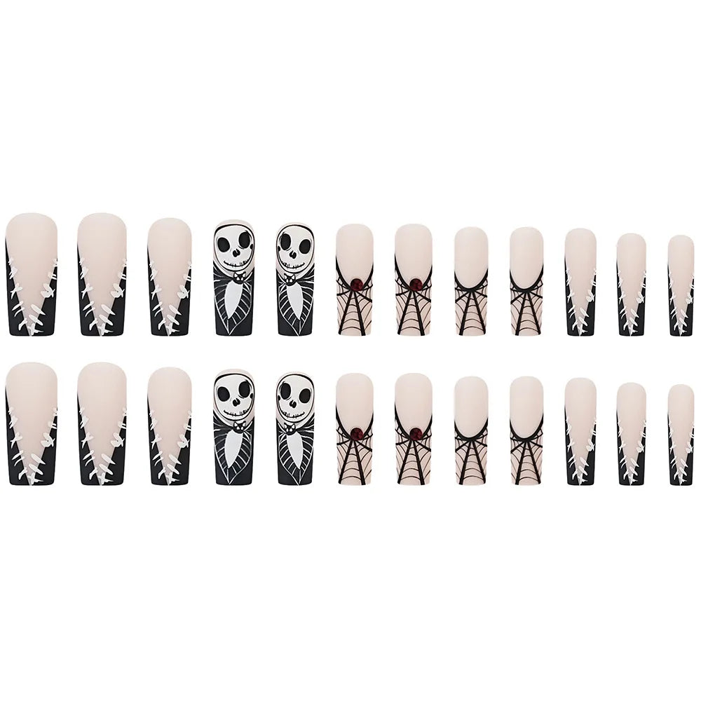 24pcs Halloween Press on Nails with Skull Black Spider Wed Design French Fake Nail Patch Full Cover Wearable False Nail Tips Good Vibrations