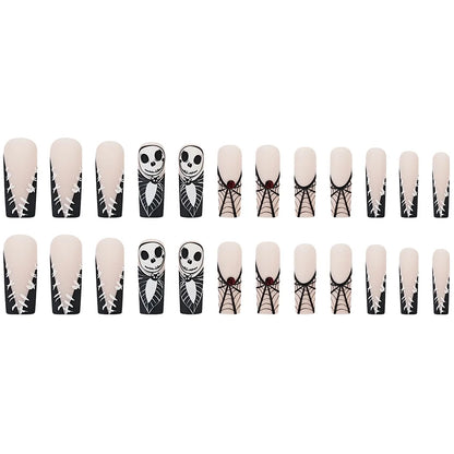 24pcs Halloween Press on Nails with Skull Black Spider Wed Design French Fake Nail Patch Full Cover Wearable False Nail Tips Good Vibrations