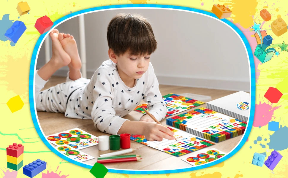Building Blocks Birthday Invitations, Brick Party Invitation Card Building Birthday Invites with Stickers & Envelopes(24 Guests) Good Vibrations