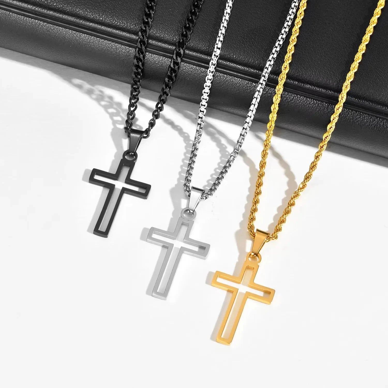 Casual Hollow Cross Necklaces for Men Boys,Waterproof Stainless Steel Cross Pendant Necklace,Religious Faith Prayer Jewelry Gift Good Vibrations