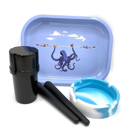 Cigarette plastic herb grinder set with metal rolling tray and silicone ashtray.