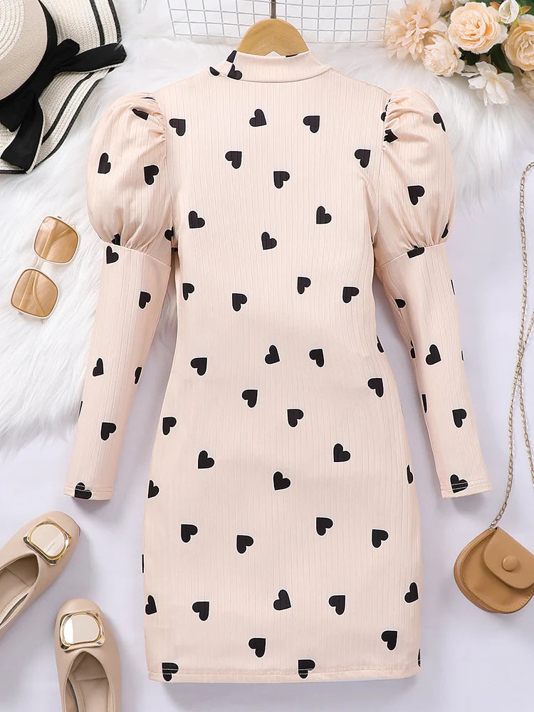 Autumn And Winter Girls Big Children Girls Daily Casual Sweet And Cute Love Printed High Neck Knitted Lantern Sleeve Dress Good Vibrations
