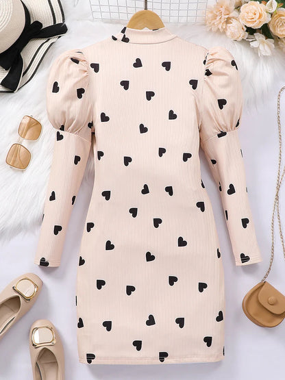 Autumn And Winter Girls Big Children Girls Daily Casual Sweet And Cute Love Printed High Neck Knitted Lantern Sleeve Dress Good Vibrations