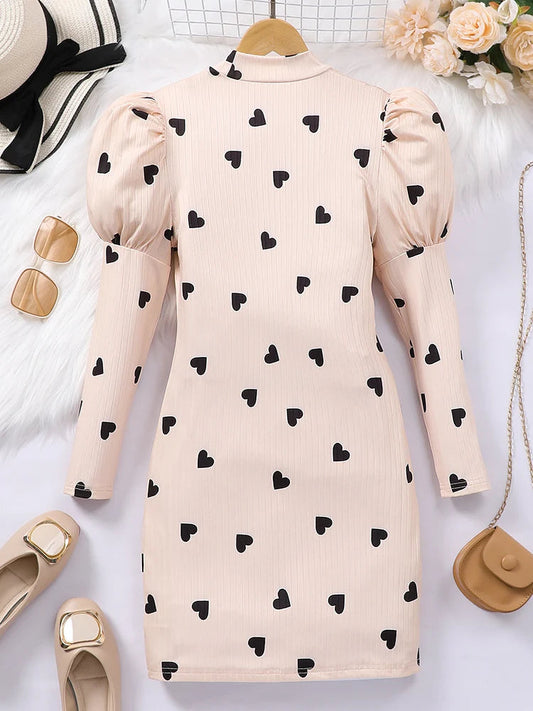 Autumn And Winter Girls Big Children Girls Daily Casual Sweet And Cute Love Printed High Neck Knitted Lantern Sleeve Dress Good Vibrations
