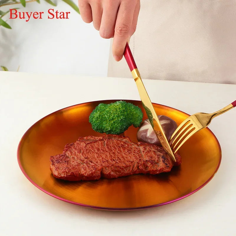 Stainless Steel Dinner Plates European Style Dessert Plate Kitchen Serving Dishes Salad Plate Cake Tray Western Steak Round Tray Good Vibrations