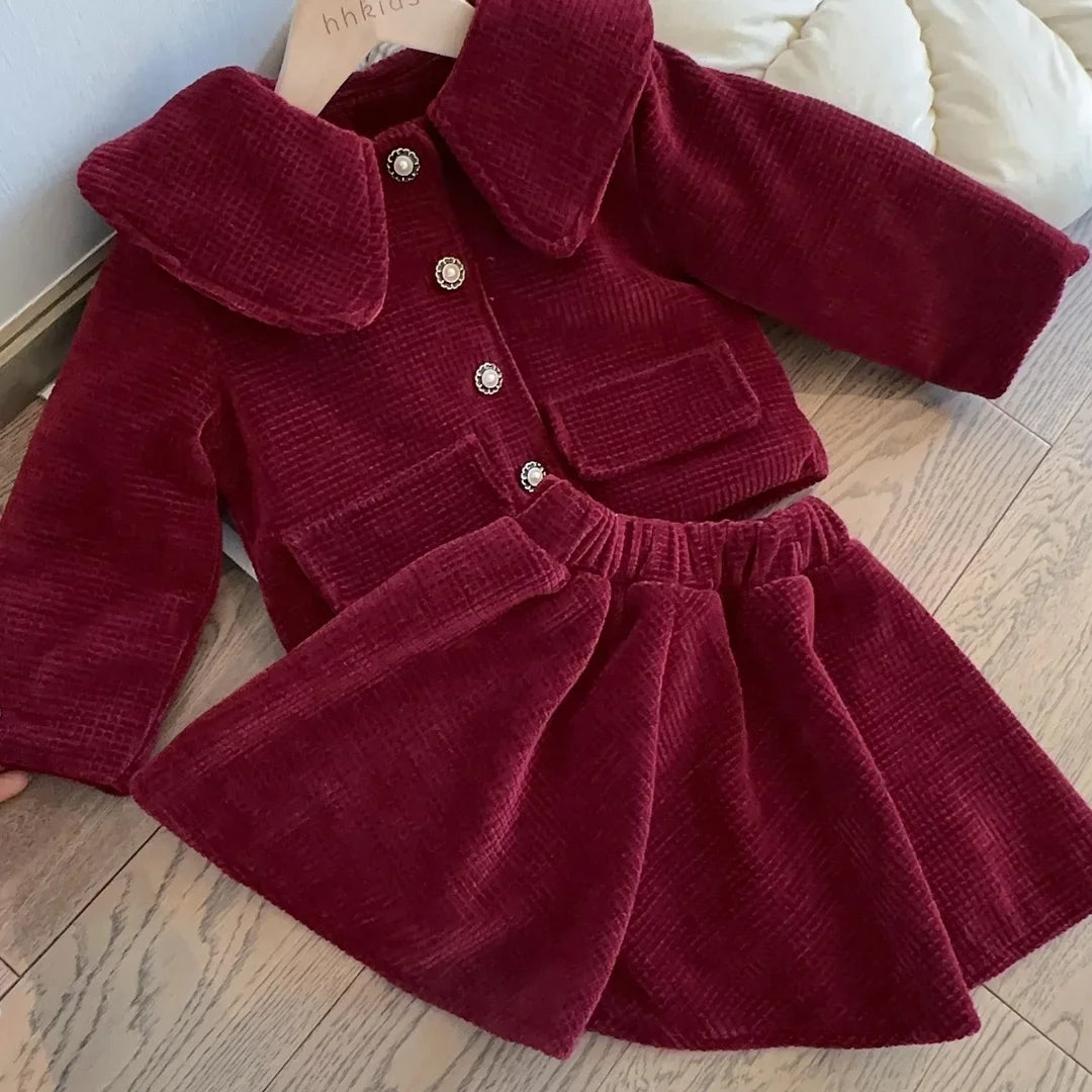 Girls Set Red New Year Dress Set  New Baby Cotton Clip Thickened Women Treasure Coat Top Autumn/Winter Plush Skirt Two Piece Set Good Vibrations
