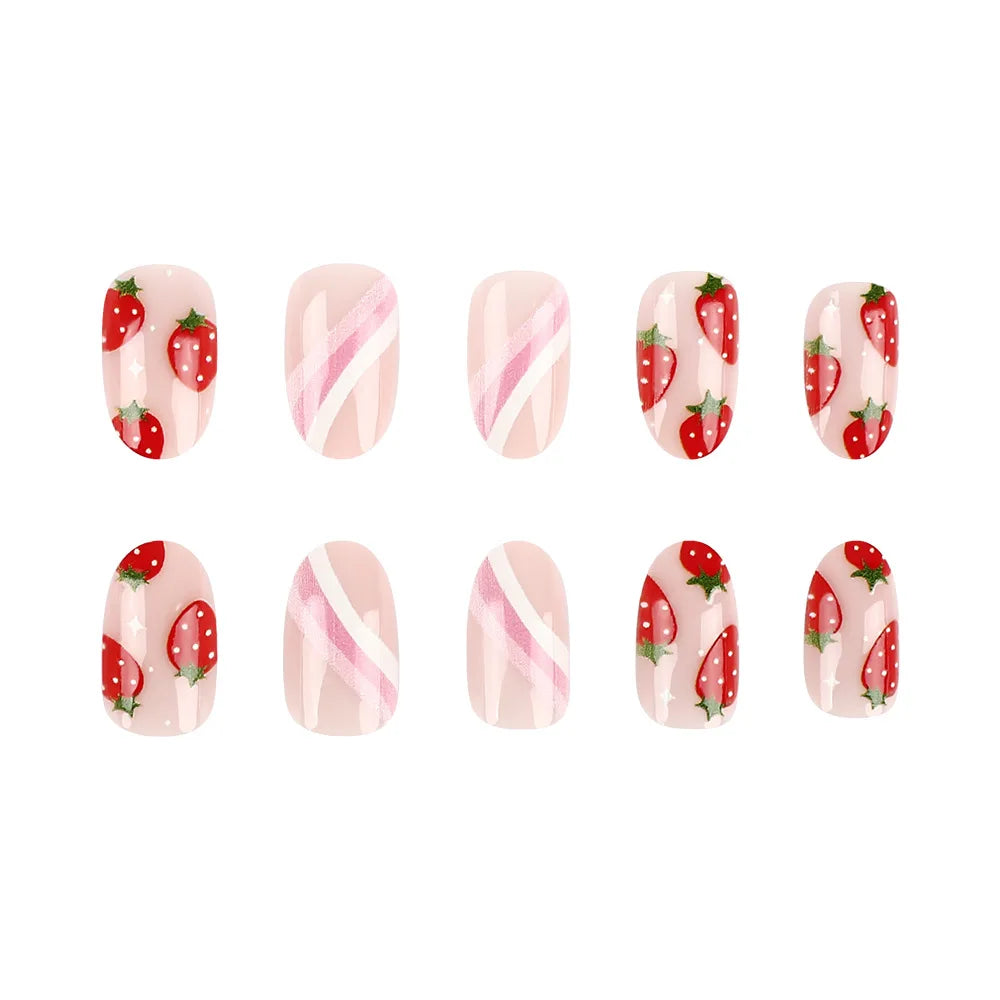 24pcs Short Glossy Oval Fake Nails Cute Sweet Strawberry Fake Nail Patch Wearable Full Cover for Girl Press on Nail Tips Good Vibrations