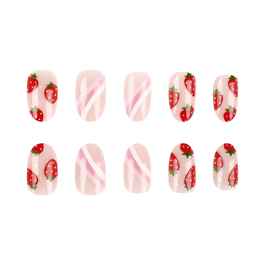 24pcs Short Glossy Oval Fake Nails Cute Sweet Strawberry Fake Nail Patch Wearable Full Cover for Girl Press on Nail Tips Good Vibrations