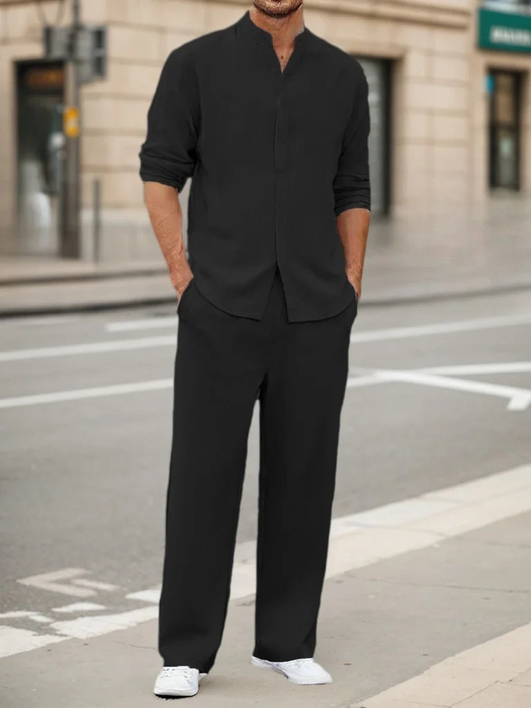 Men's Fall Casual Outfits Solid Color Henley Collar Long Sleeve Tops with Elastic Waist Pants Long Sleeve Pants Shirt Suit Good Vibrations