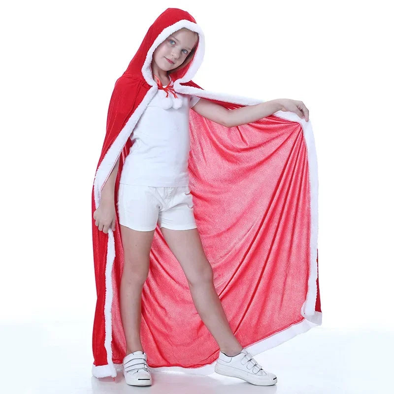 Christmas Shawl Cape Hooded Santa Claus Costume Christmas Performance Costume Red with Hat Cosplay Costume Winter Warm Coat Good Vibrations
