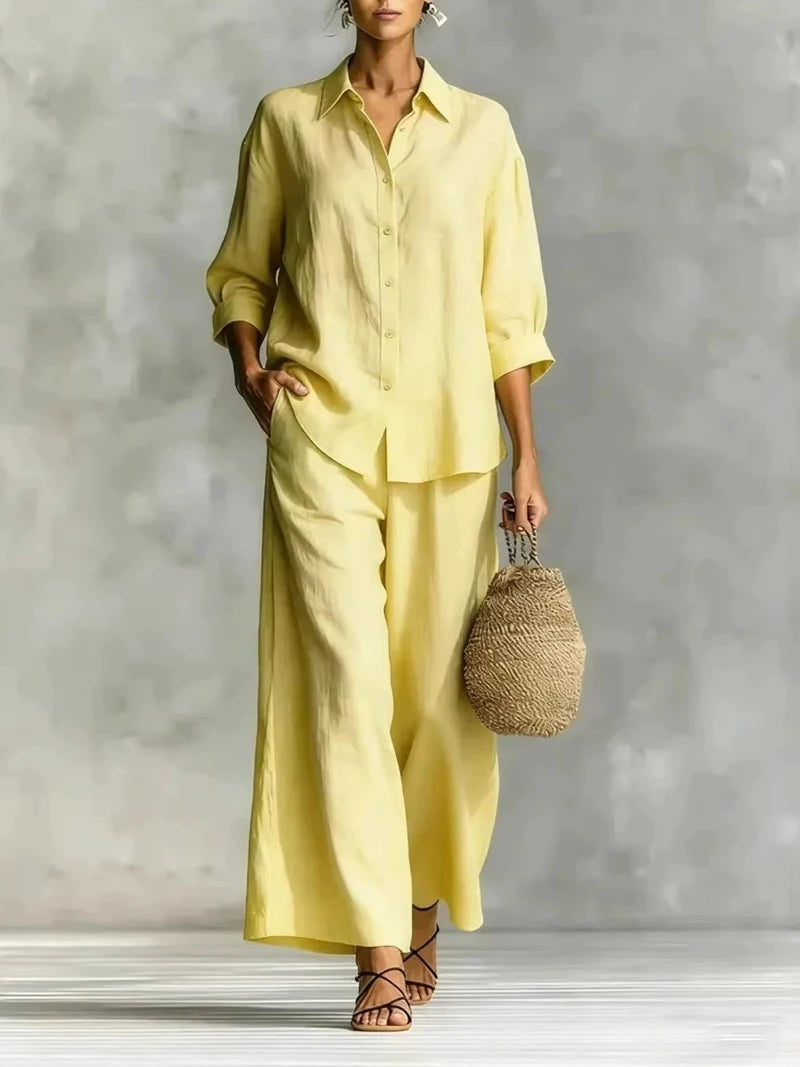 Plus Size Women's New Casual Two Piece Set 7-Sleeve Shirt Wide Leg Pants Comfortable Office Commute Matching Set Good Vibrations