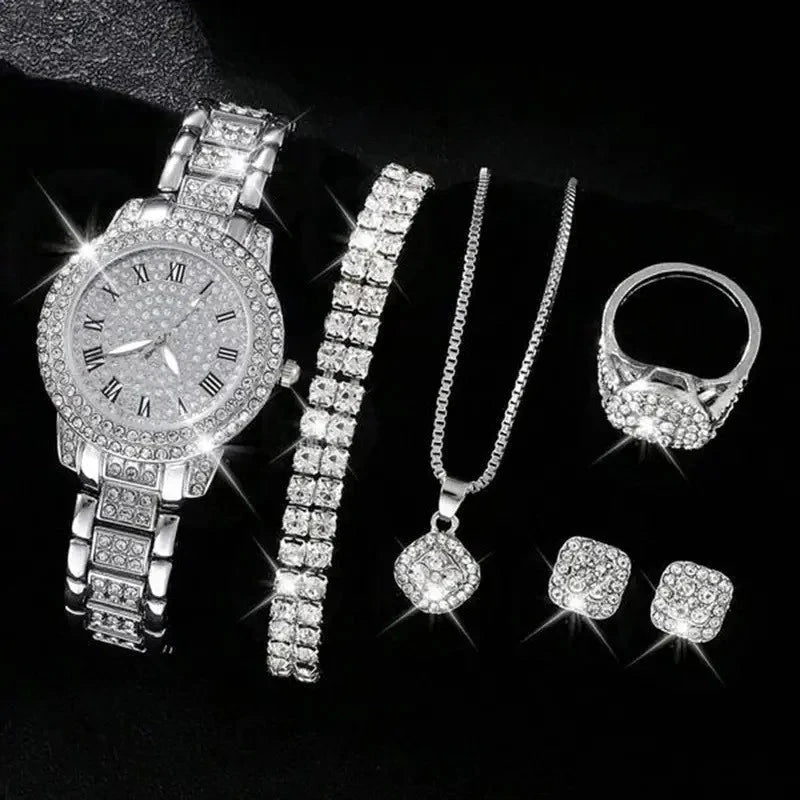 Full Diamond Roman Literal Steel Strip Watch with Starry Charm Business Quartz Watch Set Good Vibrations